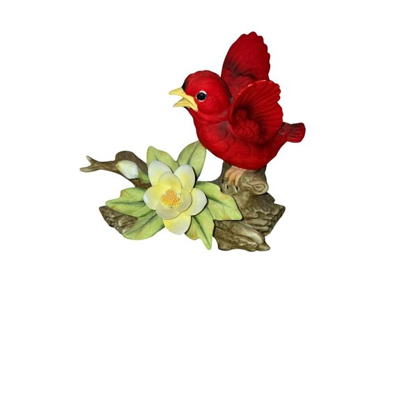 Cardinal Bird on Tree w Flower VTG 80's Lefton Figurine - Picture 1 of 8